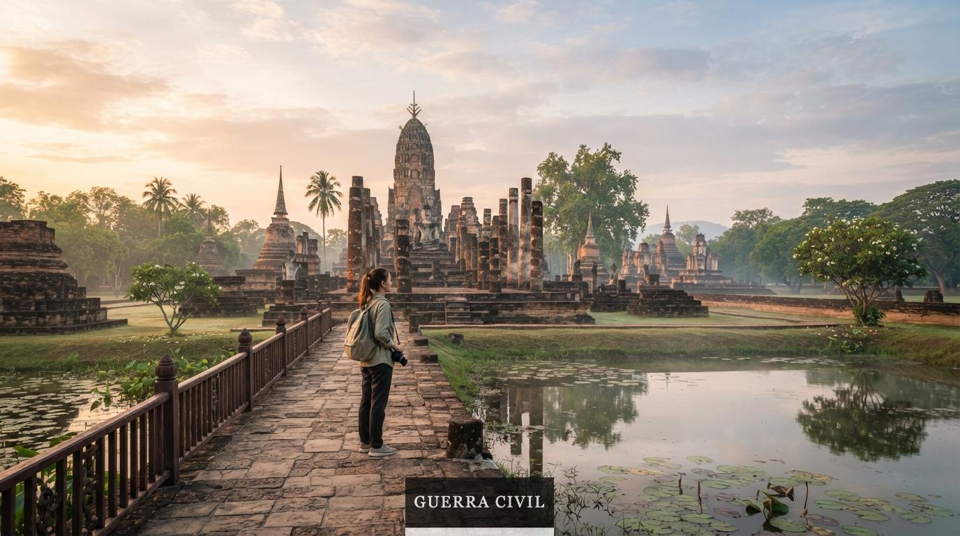Viajero contemplando templos antiguos en una ruta cultural por Tailandia