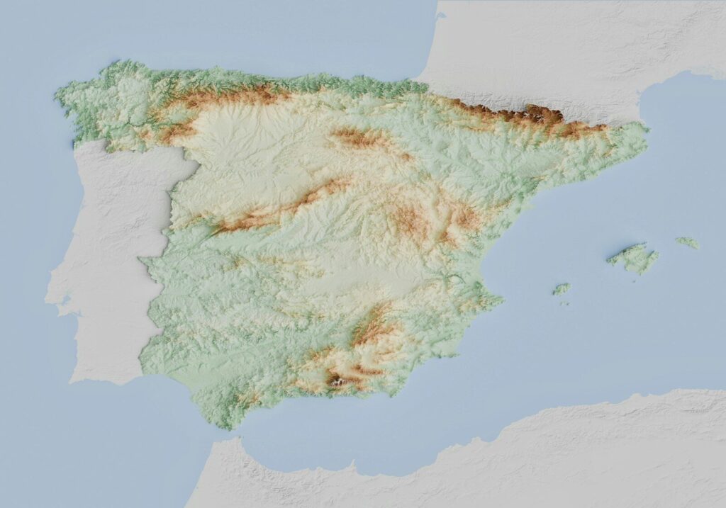 Mapa en relieve de la península ibérica, para situar el territorio donde se desarrolló la guerra civil española